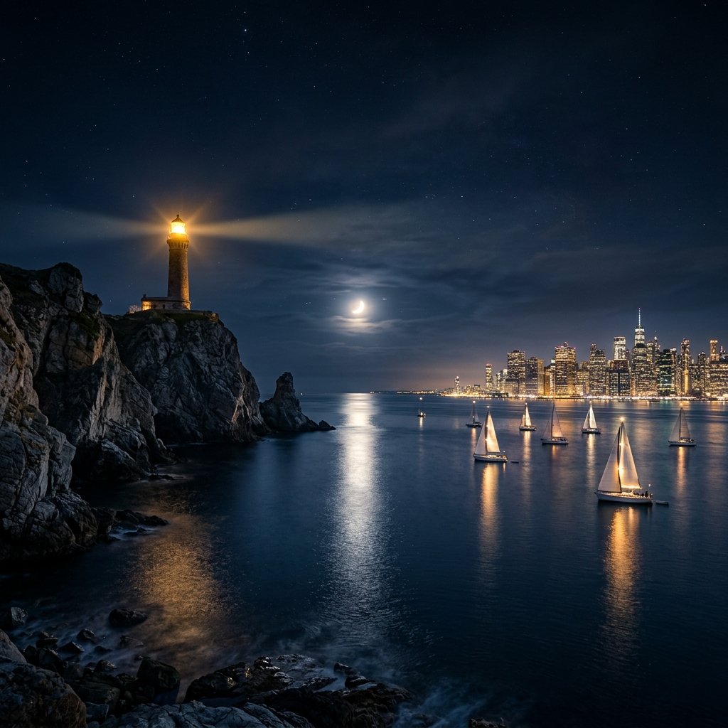 Lighthouse and sailboats at night